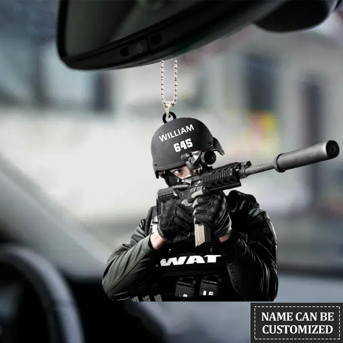 Personalized Flat Car Hanging Ornament SWAT With Gun