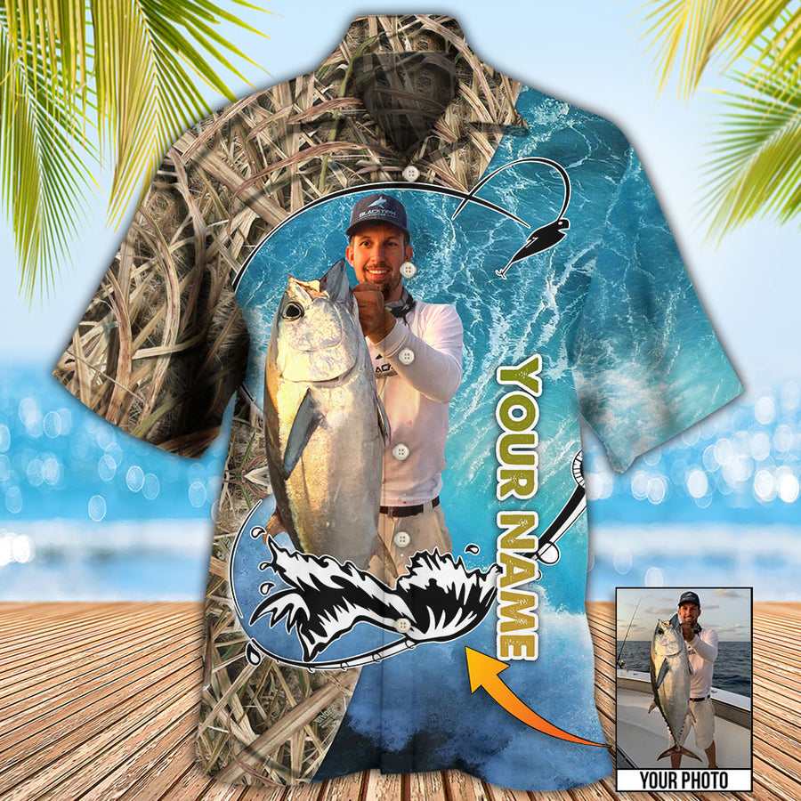 Fishing Blue Water Cool Custom Photo Personalized Hawaiian Shirt/ Fishing Hobbies Hawaiian Shirt