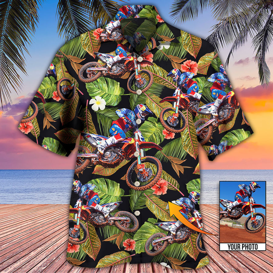 Motocross Tropical Flower Custom Photo - Hawaiian Shirt/ Gift for Men/ Motocross Hawaiian Shirt