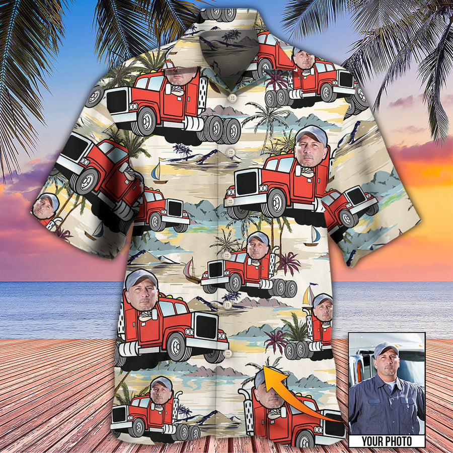 Truck Driver Tropical Beach Custom Face Photo Hawaiian Shirt/ Perfect Gift for Men/ Truck Driver Uniform Shirt