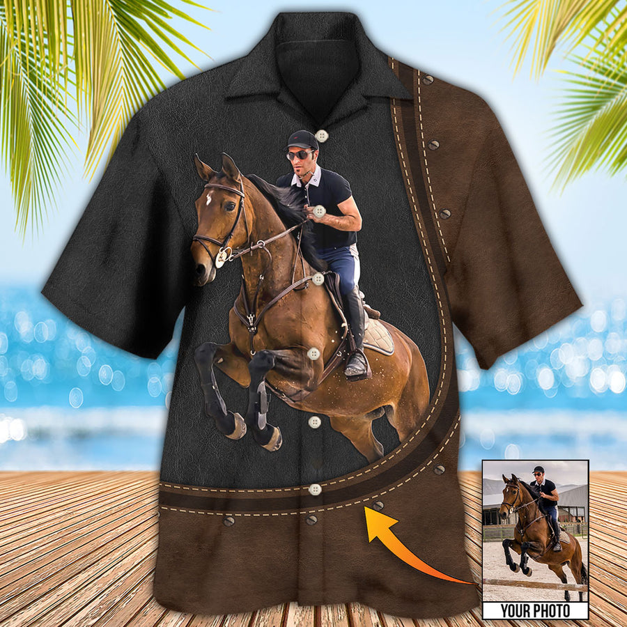 Horse Riding Horse Leather Style Custom Photo Hawaiian Shirt/ Best Gift for Horse Lover