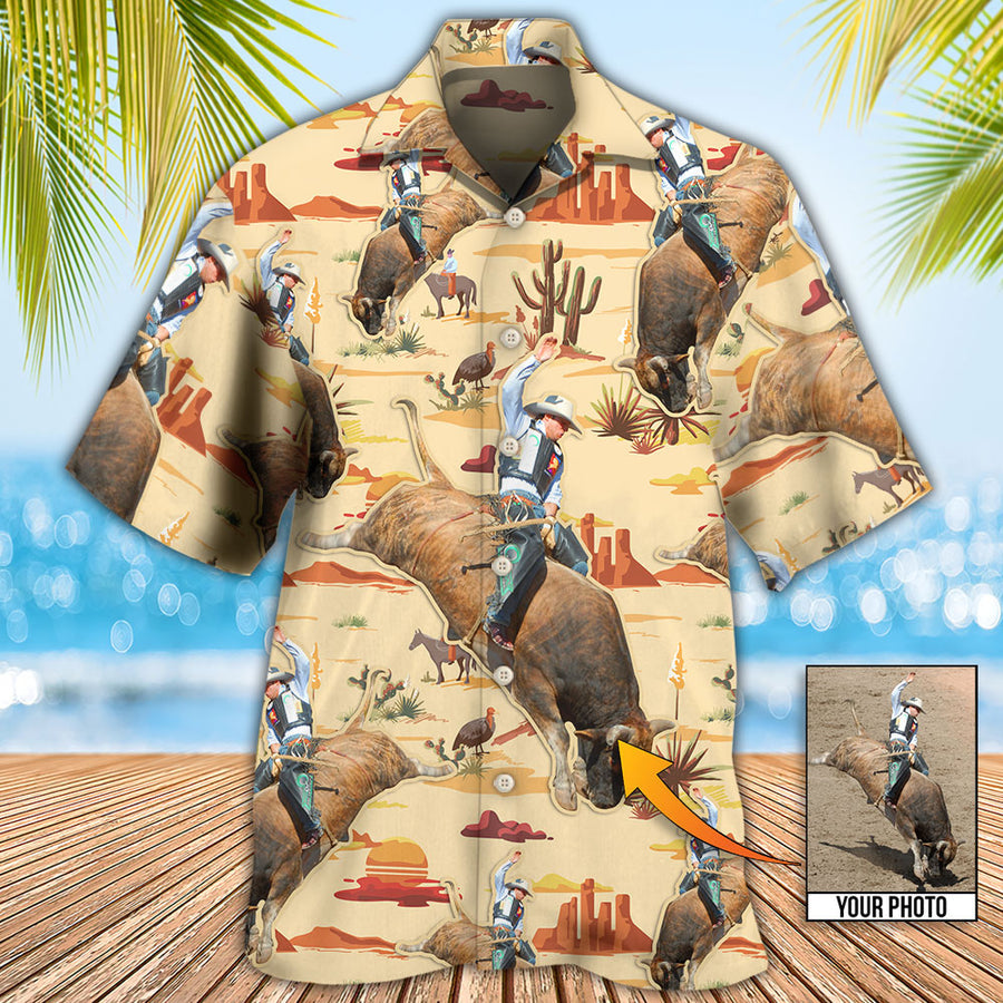 Cowboy Bull Riding Tropical Custom Photo Hawaiian Shirt/ Personalized Hawaiian Shirt/ Cowboy Shirt