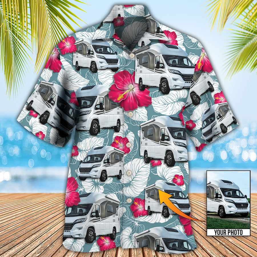 RV Camper Tropical Floral Pattern Custom Photo Hawaiian Shirt/  Hawaiian Shirt for Men/ Camping Shirt