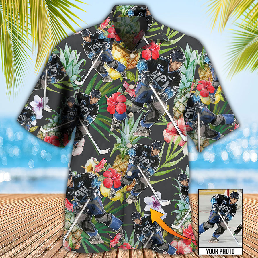 Hockey Tropical Flower Pineapple Pattern Custom Photo Hawaiian Shirt/ Hockey Shirt/ Summer Shirt