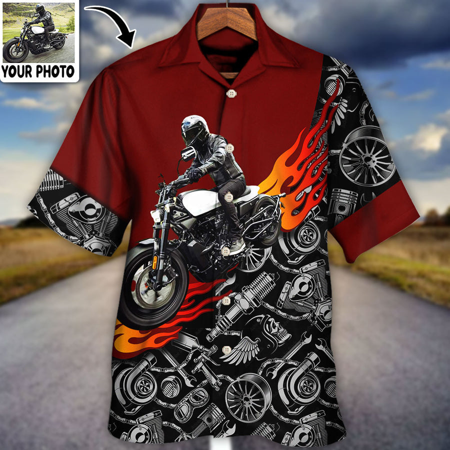 Motorcycle Biker Flame Custom Photo Hawaiian Shirt/ Perfect Gift for Men Women/ Motorcycle Hawaiian Shirt
