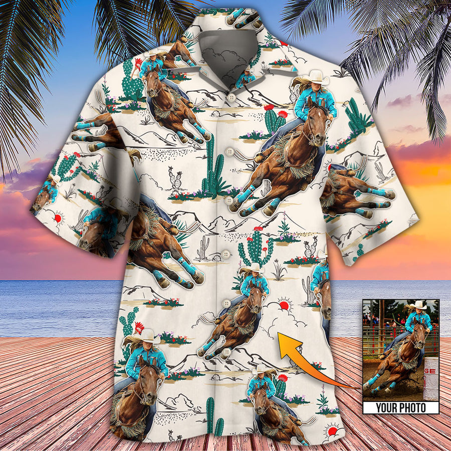 Cowboy Barrel Racing Tropical Desert Custom Photo Hawaiian Shirt/ Perfect Gift for Men Women/ Horse Shirt