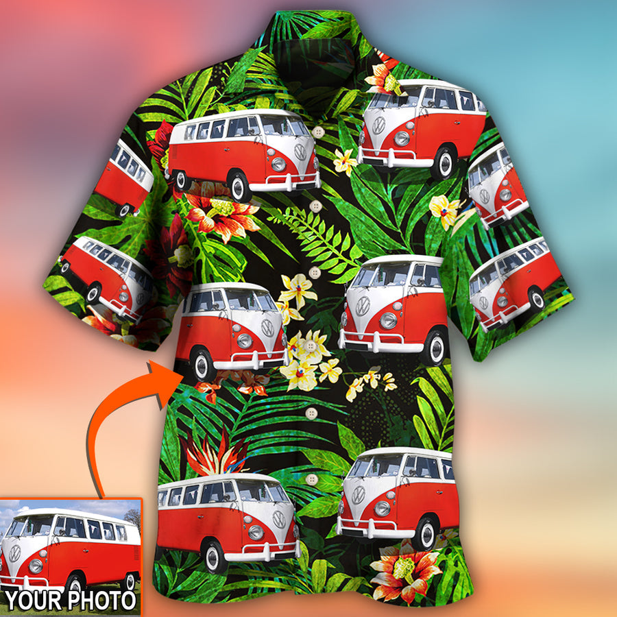 Hippie Van Volkswagen Camper Van Tropical Flower Custom Photo - Hawaiian Shirt - Coolspod
