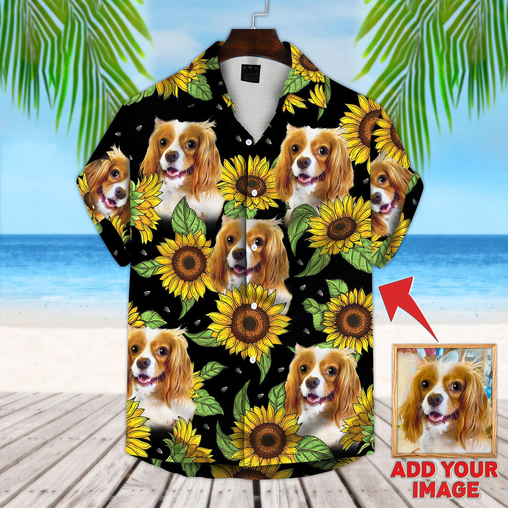 Custom Photo Dog Sunflower & Green Pattern Short-Sleeve Hawaiian Shirt/ Perfect Shirt for Dog Lovers