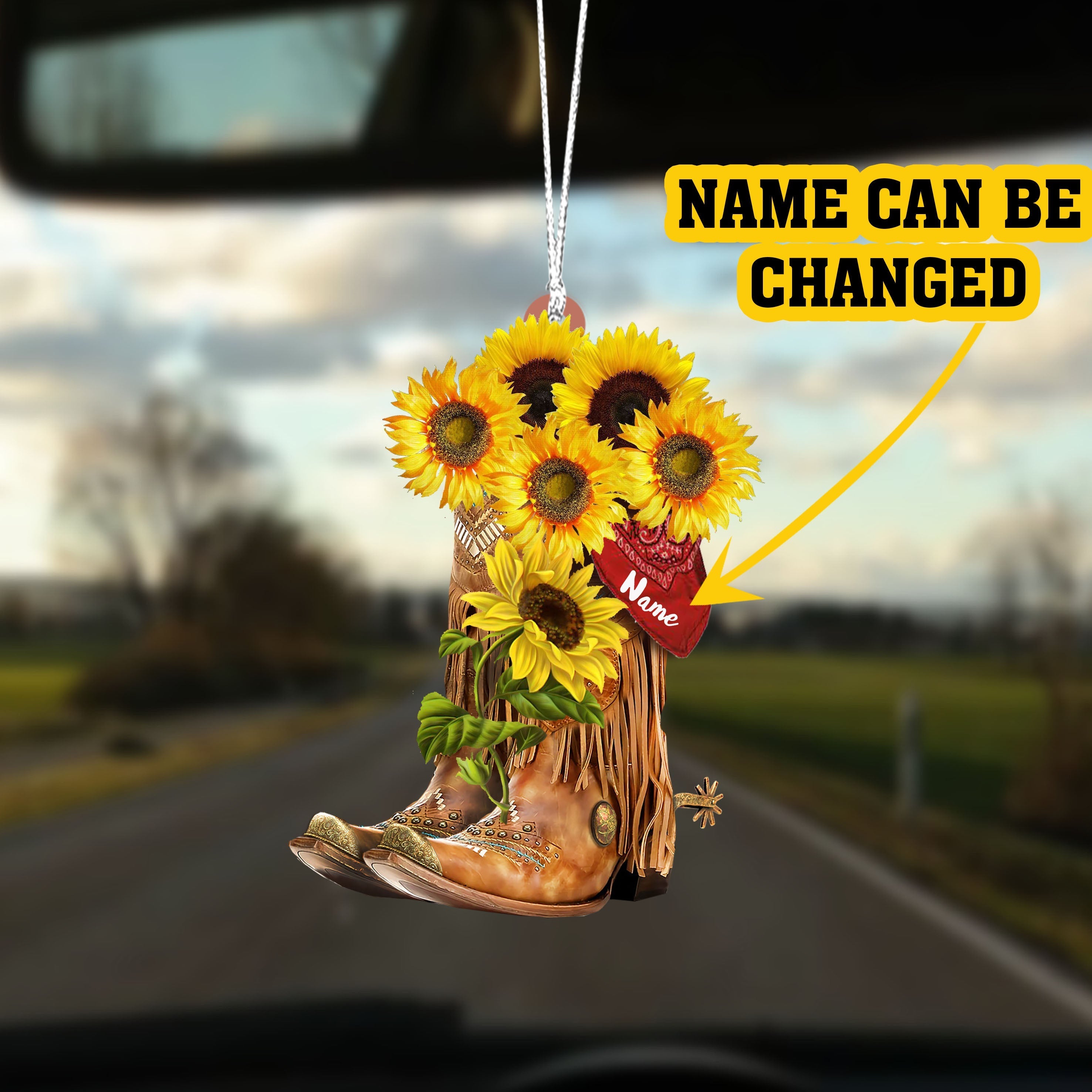 Personalized Vintage Sunflower Boots Cowboy Cowgirl Flat Acrylic Car Ornament