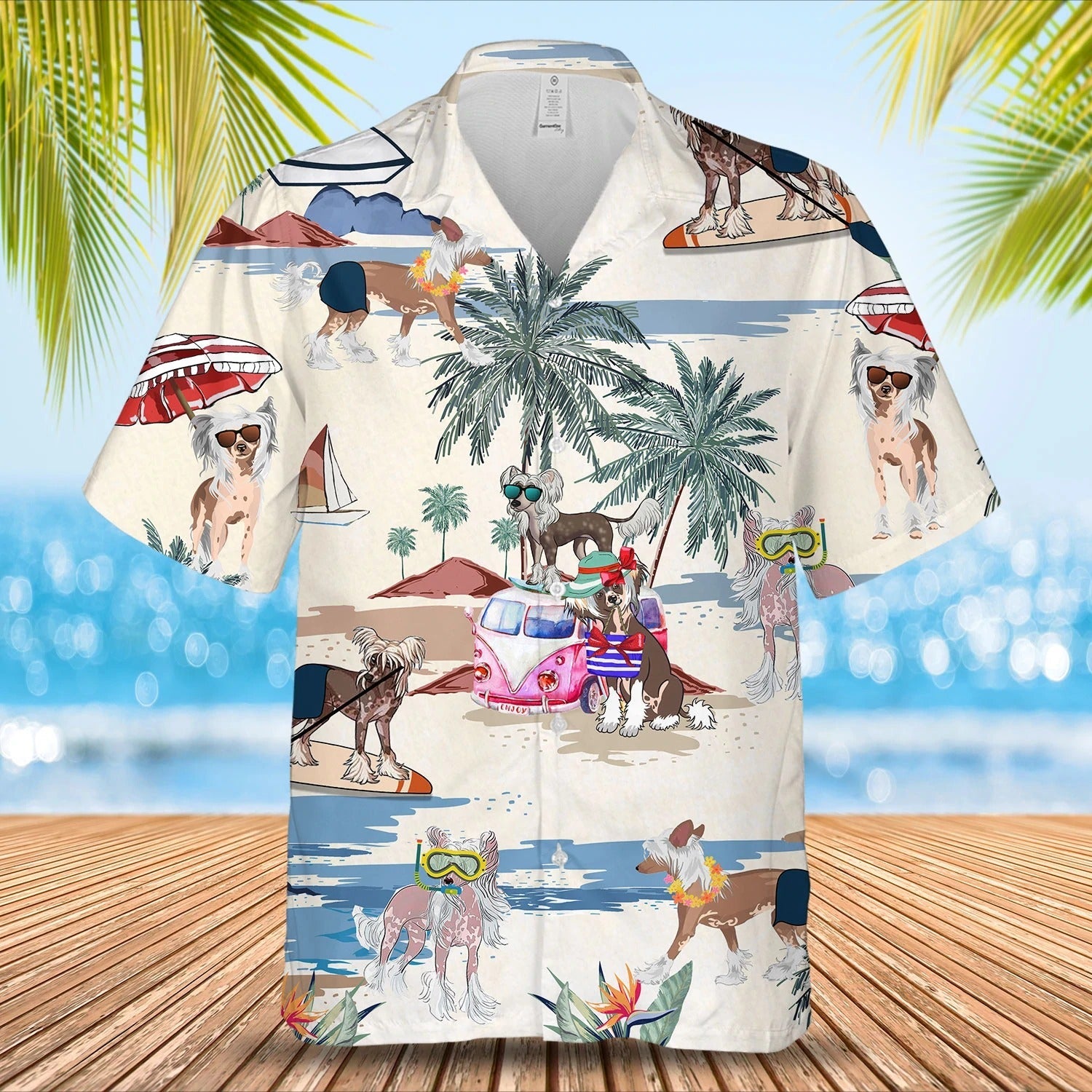 Chinese Crested Dog Summer Beach Hawaiian Shirt/ Short Sleeve Dog Aloha Beach Shirt For Men And Woman
