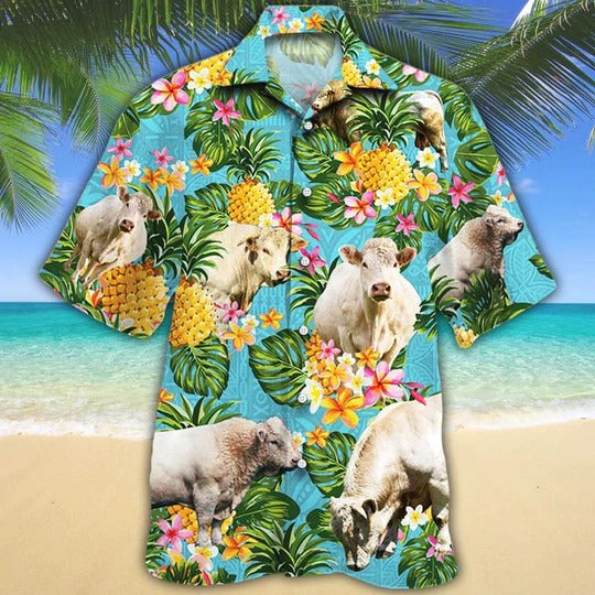Charolais Cattle Lovers Pineapple Hawaiian Shirt/ Unisex Print Aloha Short Sleeve Casual Shirt
