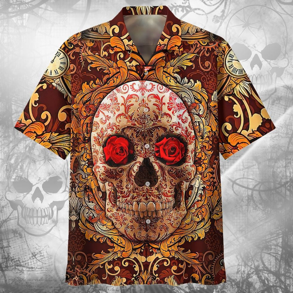 3D All Over Printed Hawaiian Shirts With Skull/ Rose Skull Hawaii Shirt/ Floral Skull Hawaiian Shirts