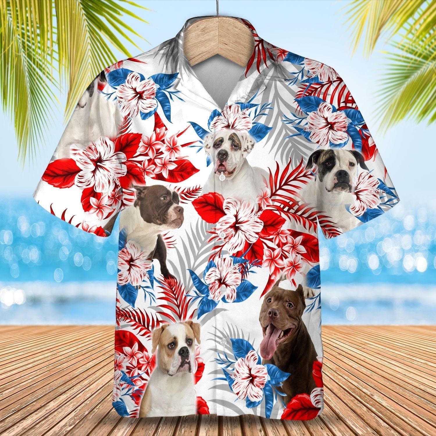 American Bulldog Hawaiian Shirs/ 3D All Over Printed Floral And Dog In Hawaii Aloha Beach Shirt
