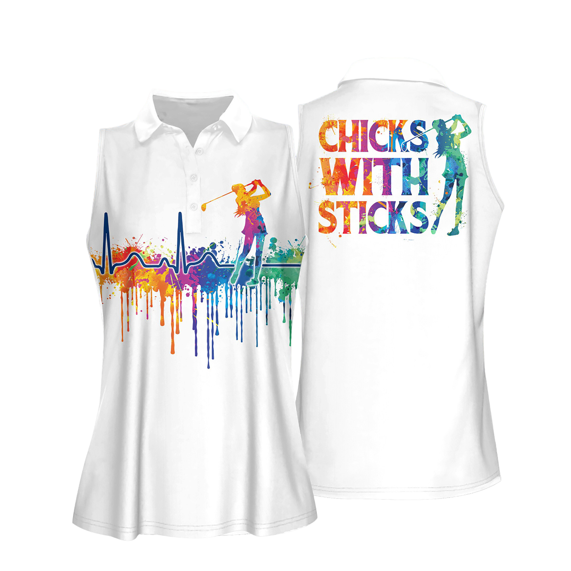 3D All Over Print Watercolor Golf Heart Beat Chicks With Sticks Women Short Sleeve Polo Shirt