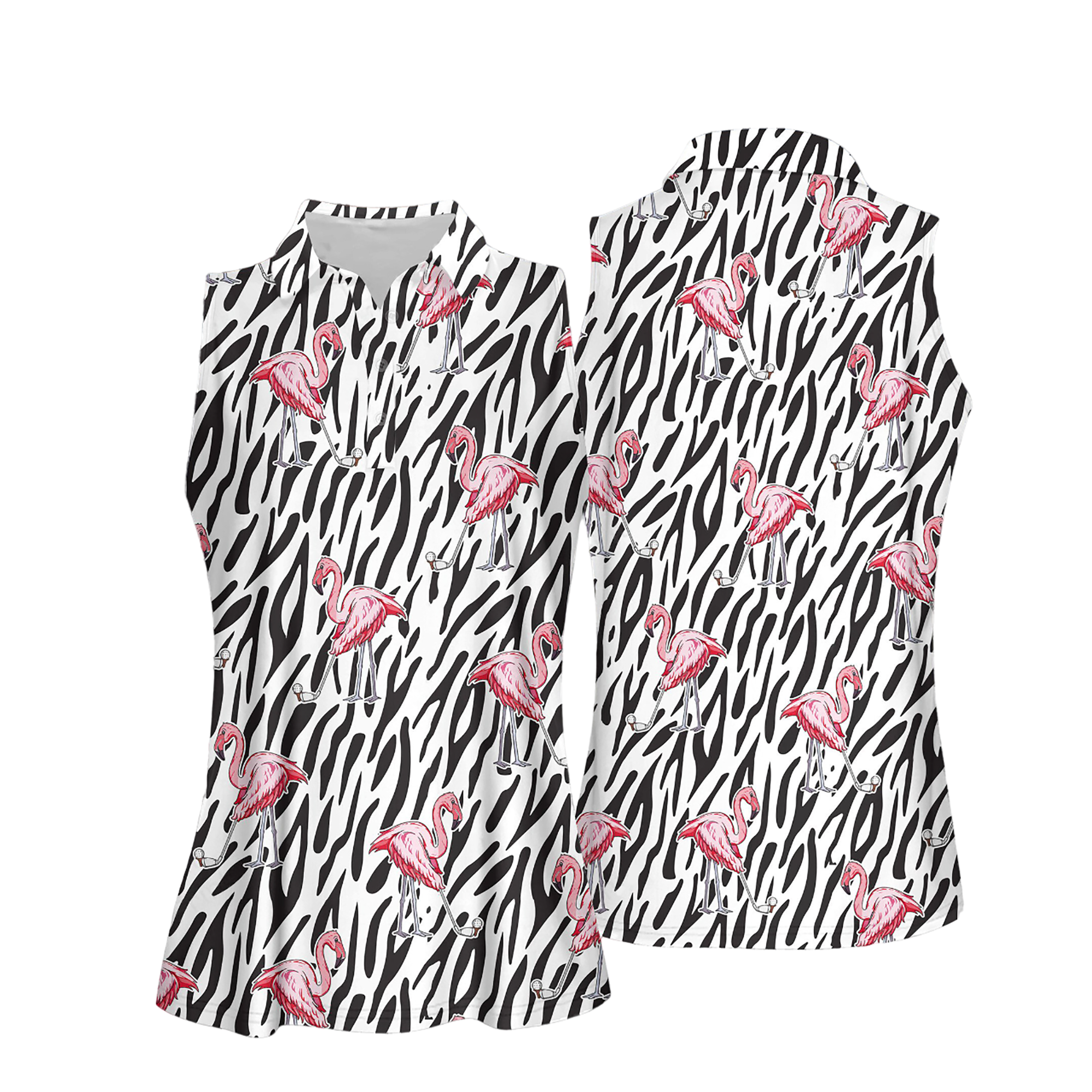 Seamless Flamingo Golf Zebra Background Women Short Sleeve Polo Shirt/ Sleeveless Polo Shirt