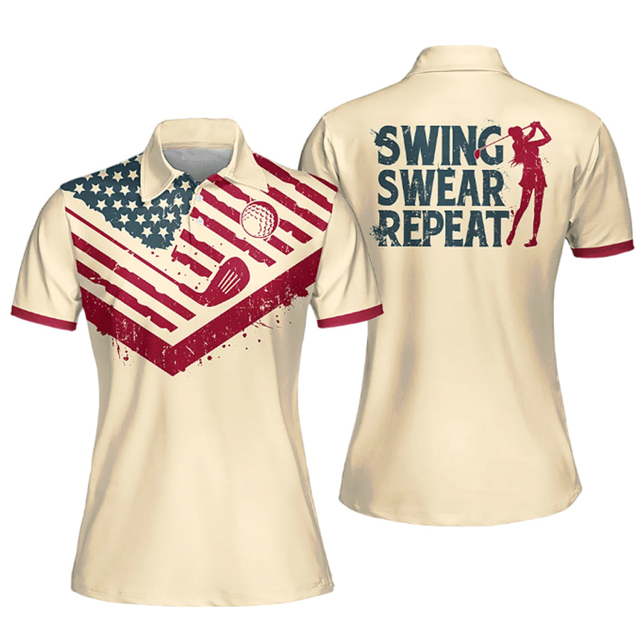 Women Golf Polo Shirt American Swing Swear Repeat Vintage Women Golf Shirt/ Sleeve Polo Shirt Women Golf