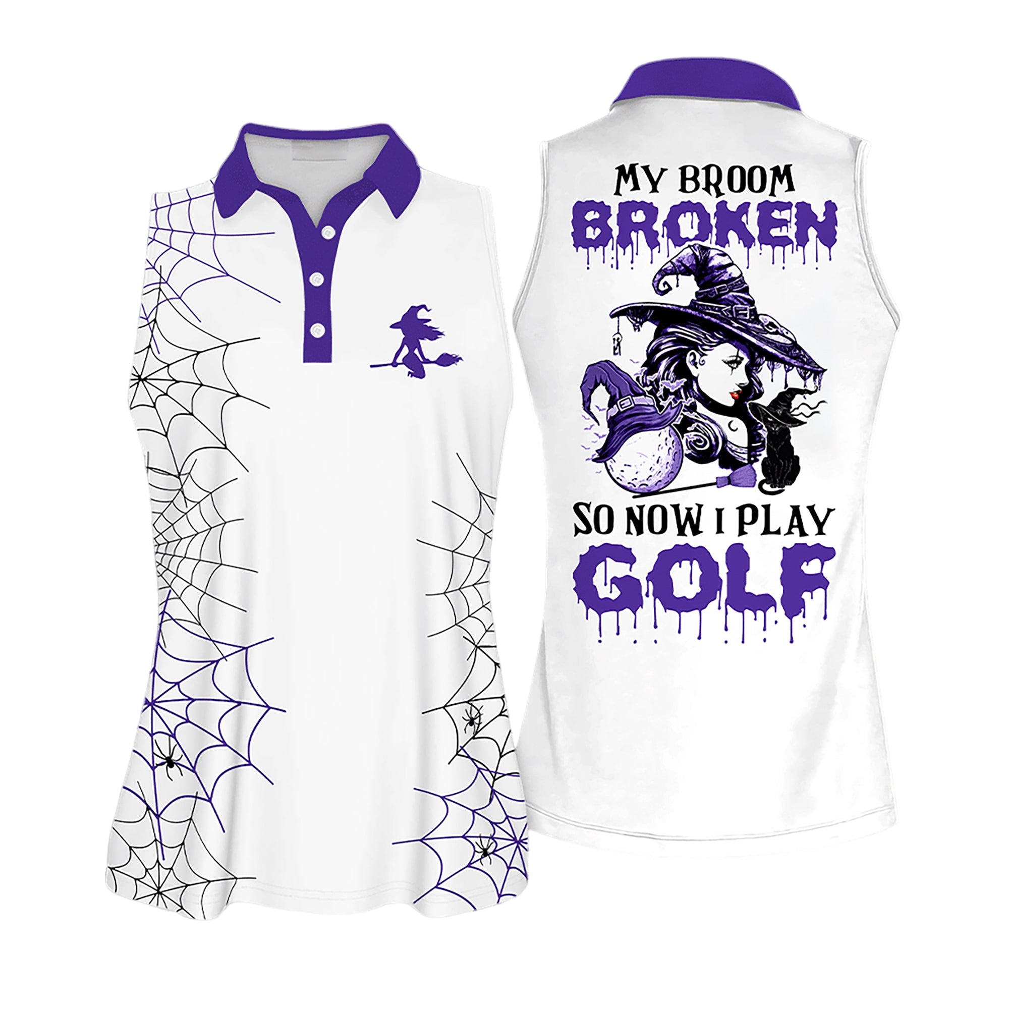 Halloween My Broom Broke Purple Sleeveless Polo Shirt Short Sleeve Long Sleeve Golf Polo Shirt