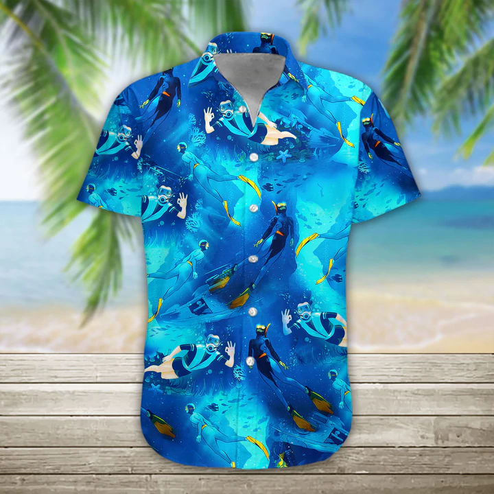 3D Freediving Hawaii Shirt/ Hawaiian Shirts for Men Print Button Down Shirt