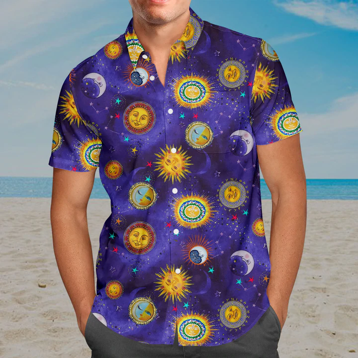 3D Sun And Moon Hippie Hawaii Shirt/ Hawaiian Shirts for Men Print Button Down Shirt