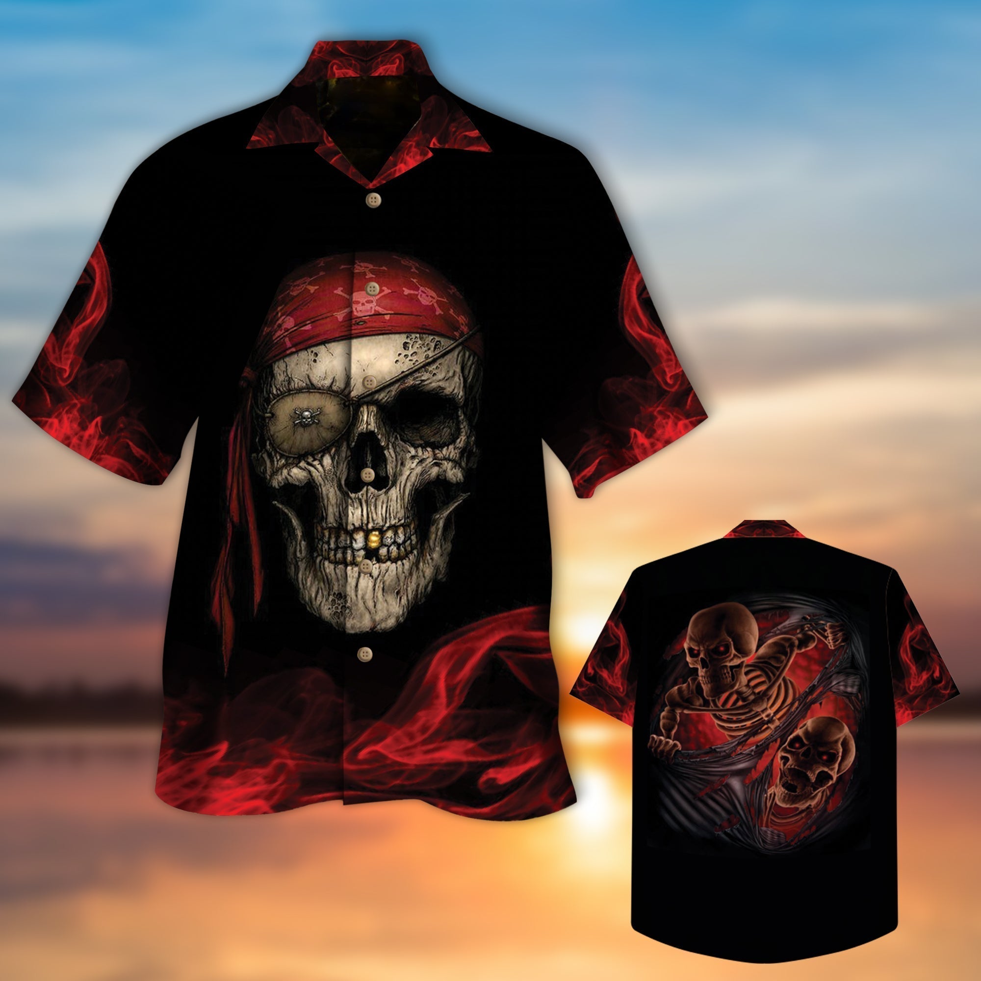 Pirate Skull Red Hawaiian Shirt/ Men Skull Hawaiian Shirt/ Women Hawaii Shirts