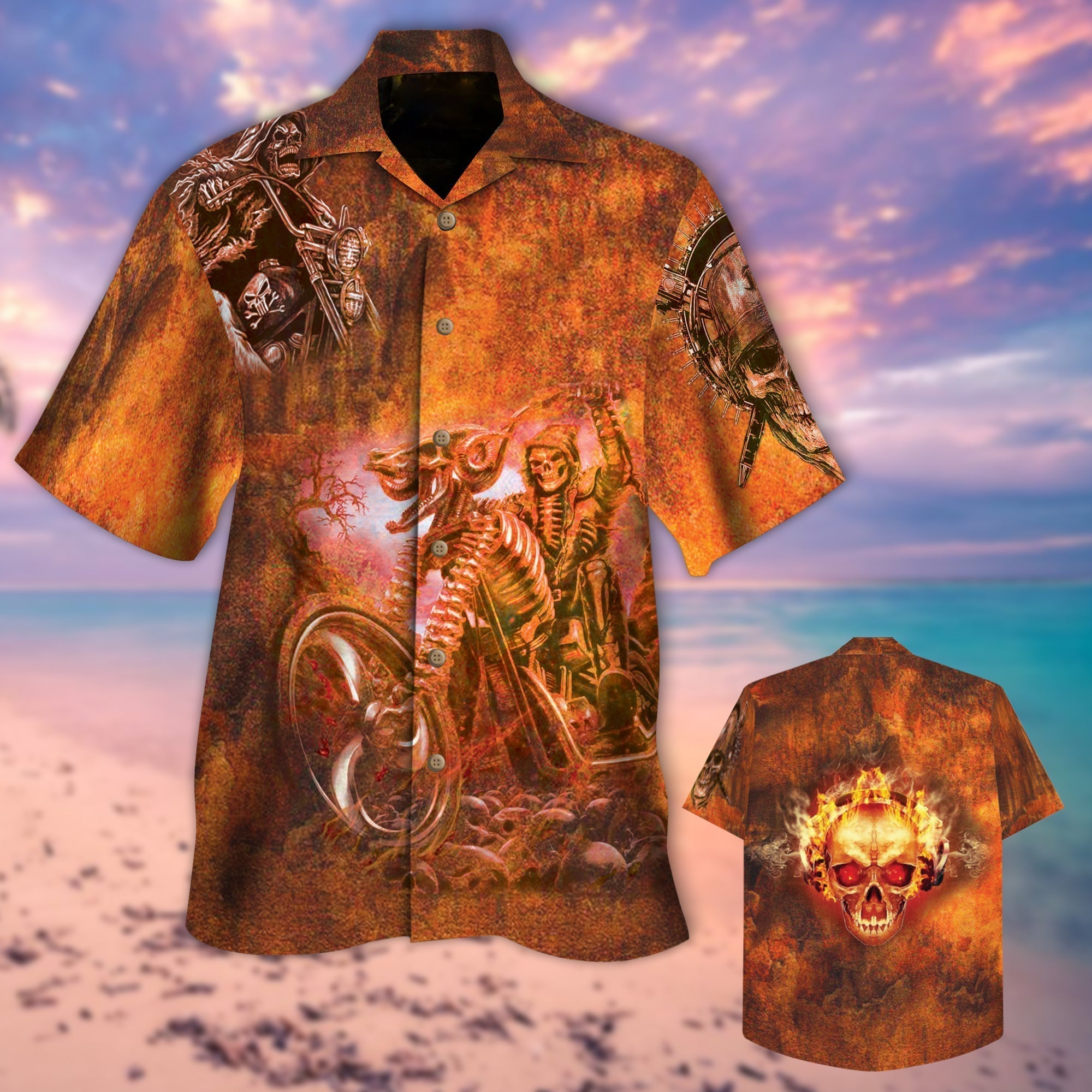 Old Grunge Biker Skull Sublimation On Hawaii Aloha Shirst/ Skeleton Hawaiian Shirts