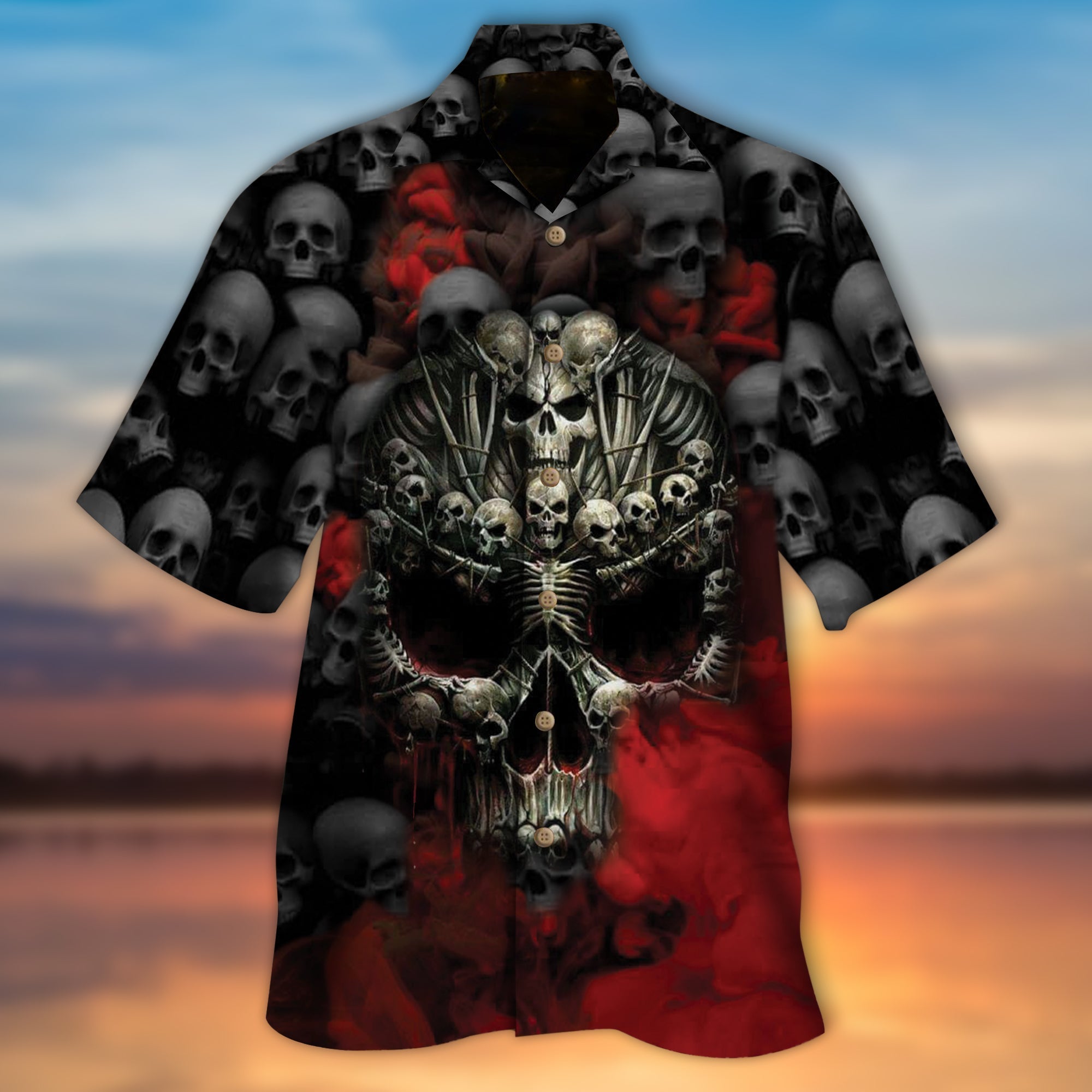 Skull Aloha Shirts Skull And Bones Red Smoke All Over Printed 3D Hawaiian Shirt