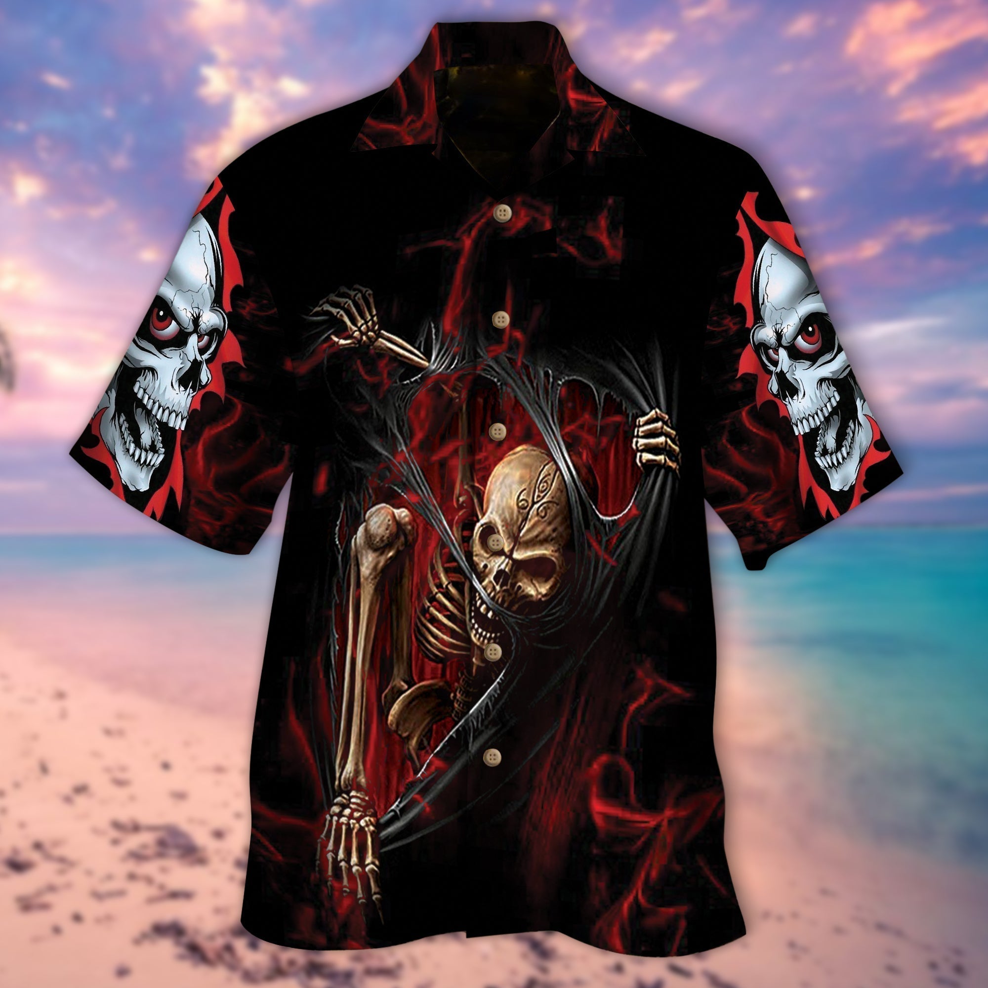 Skeleton Ripped Hawaiian Shirt Red Smoke Skulls Pattern