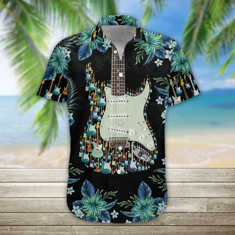 3D Acoustic Guitar Hawaii Shirt/ Guitar Hawaiian Shirts Casual Short Sleeve Guitar Shirt Men