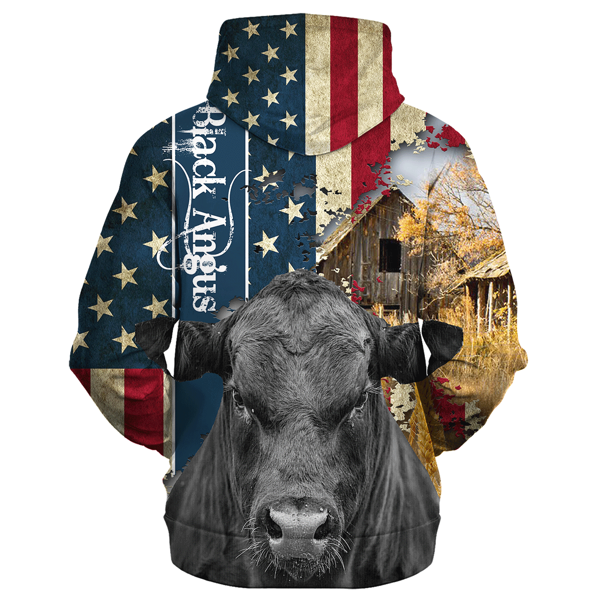 Black Angus Farm With America Flag Hoodie/ Patriotic Hoodie For Farm Lover