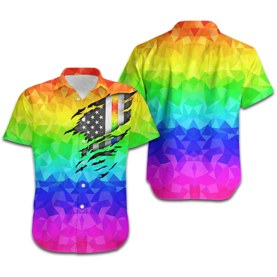 LGBT Aloha Hawaiian Shirts For Summer/ Polygonal American Flag Inside Colorful Rainbow LGBT Hawaiian Shirts