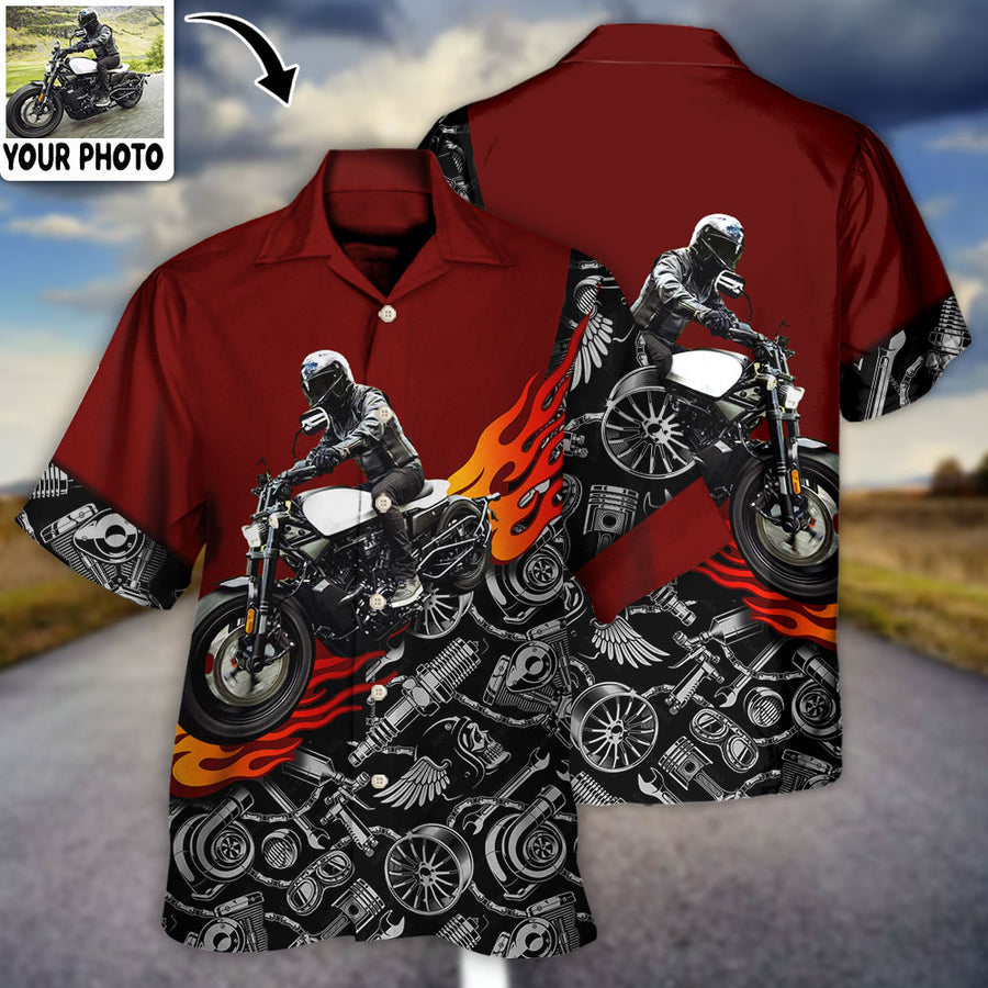 Motorcycle Biker Flame Custom Photo Hawaiian Shirt/ Perfect Gift for Men Women/ Motorcycle Hawaiian Shirt