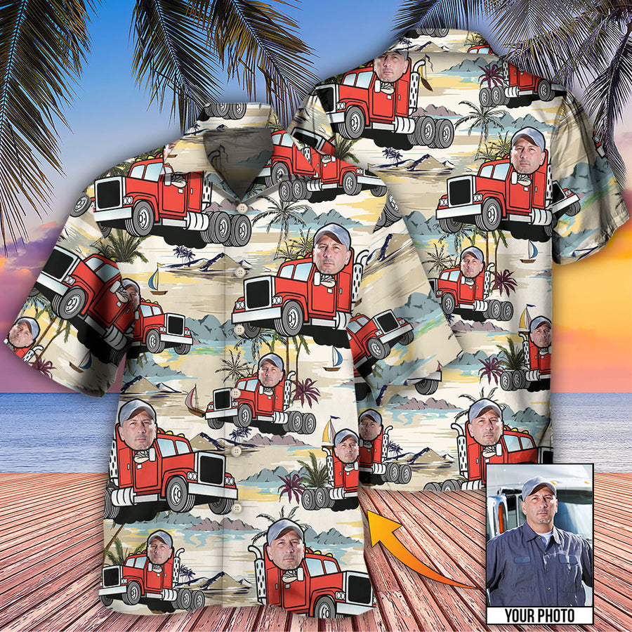 Truck Driver Tropical Beach Custom Face Photo Hawaiian Shirt/ Perfect Gift for Men/ Truck Driver Uniform Shirt