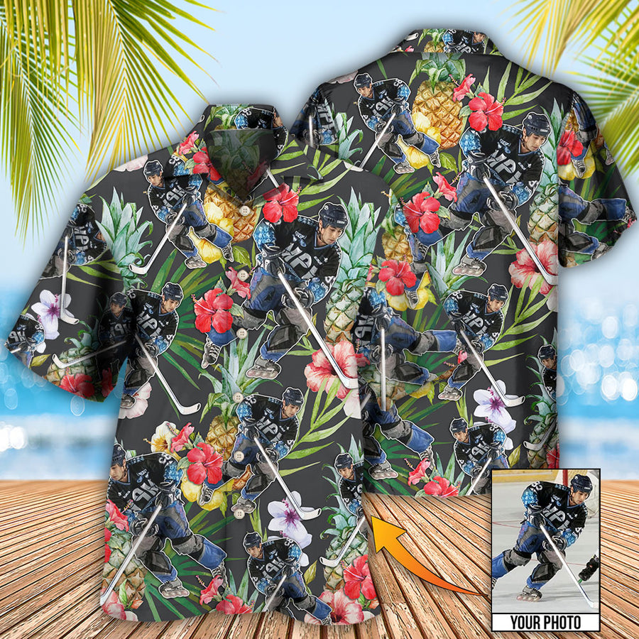 Hockey Tropical Flower Pineapple Pattern Custom Photo Hawaiian Shirt/ Hockey Shirt/ Summer Shirt