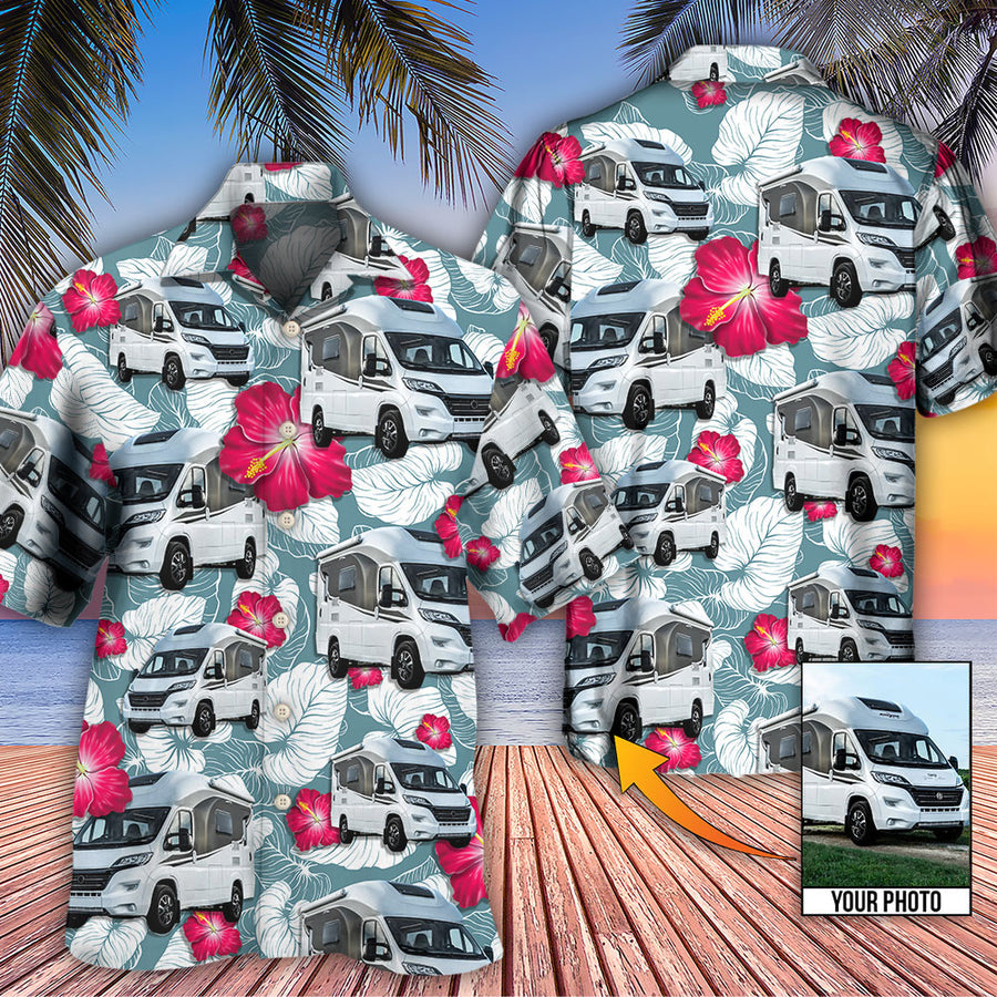 RV Camper Tropical Floral Pattern Custom Photo Hawaiian Shirt/  Hawaiian Shirt for Men/ Camping Shirt