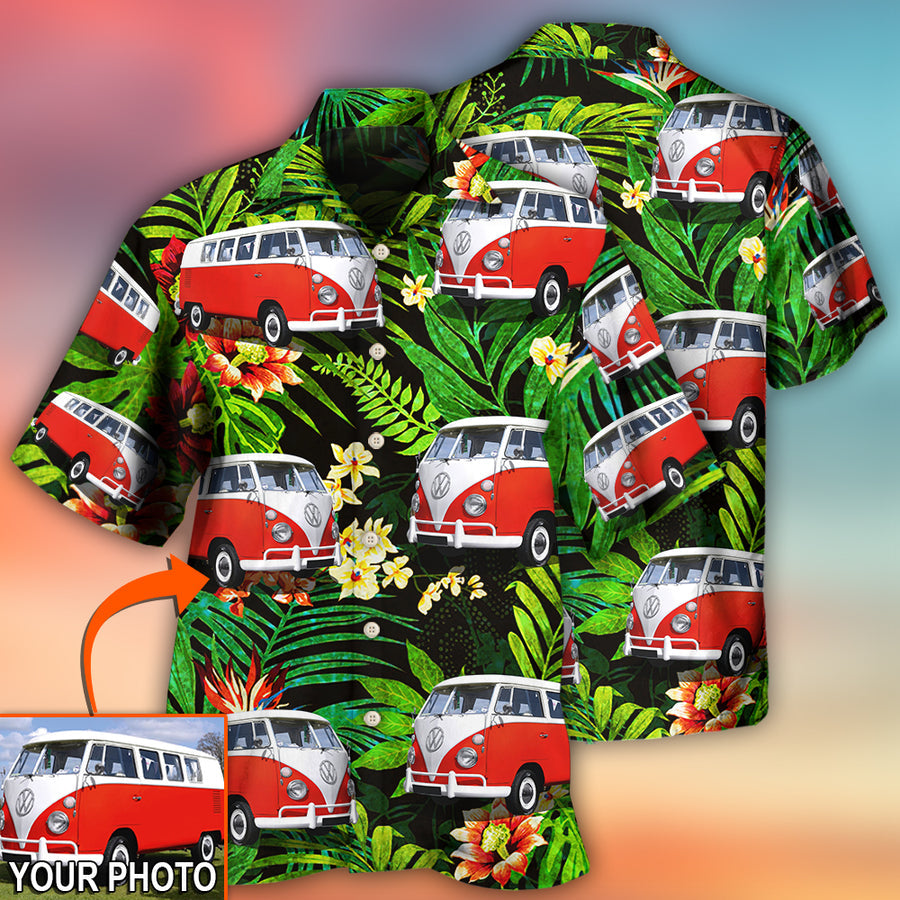 Hippie Van Volkswagen Camper Van Tropical Flower Custom Photo - Hawaiian Shirt - Coolspod