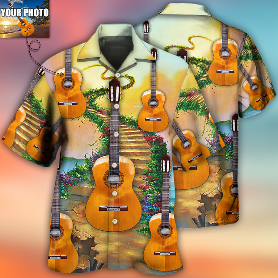 Custom Photo Guitar Daisy White Pattern All Over Print Hawaiian Shirt/ Musician Shirt/ Guitar Shirt