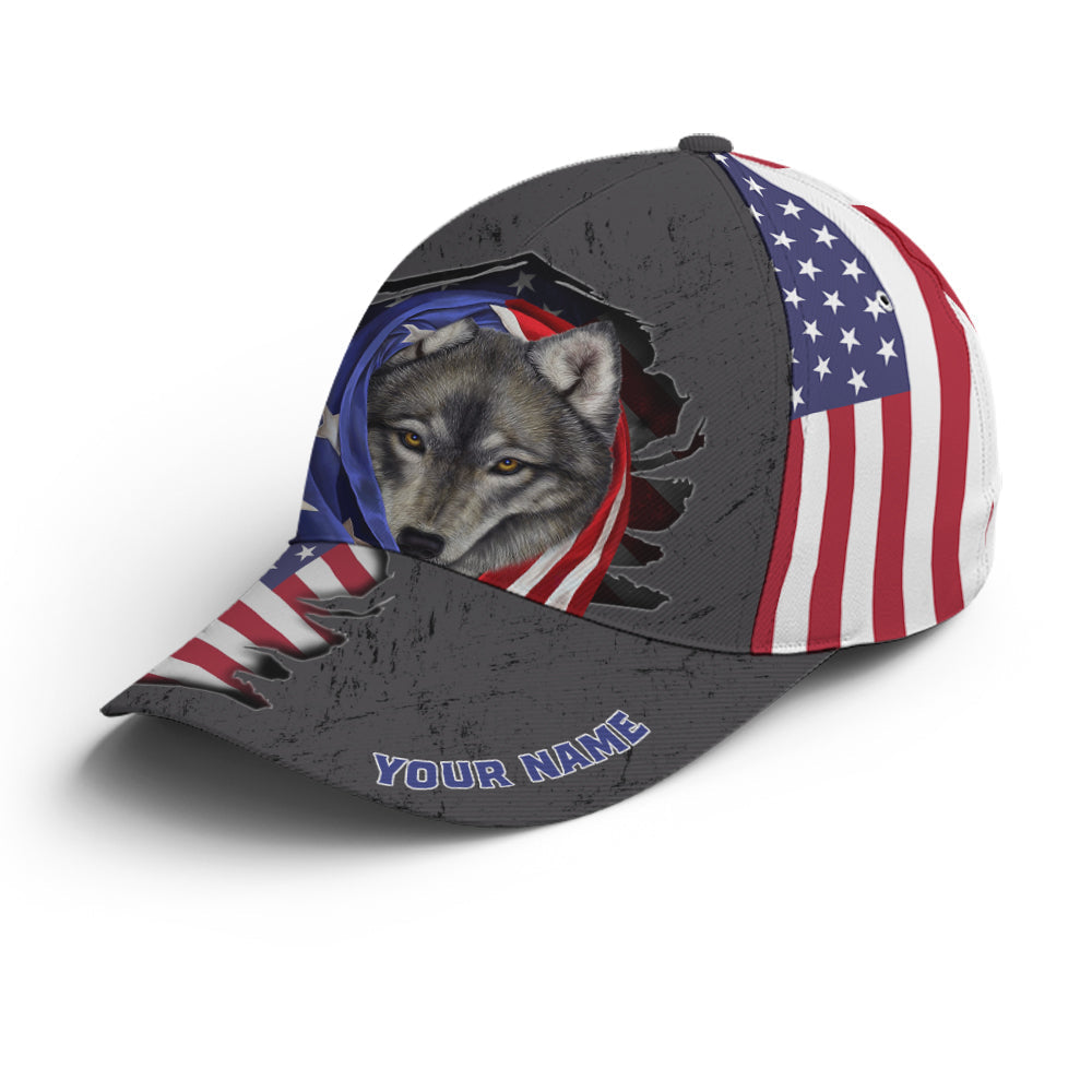American Flag Grey Wolf Metal Style Baseball Cap Coolspod