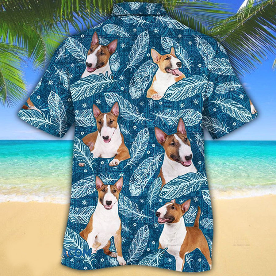 Miniature Bull Terrier Dog Lovers Blue Feather Hawaii Hawaiian Shirt
