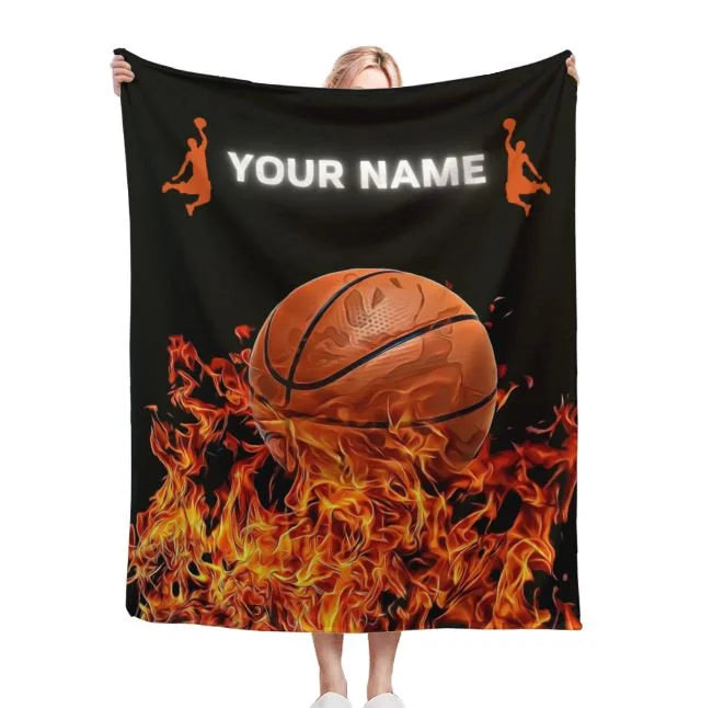 Personalized Fire Basketball Blanket/ Custom Name Basketball Fleece and Sherpa Blanket/ Gift For Son From Mom Dad