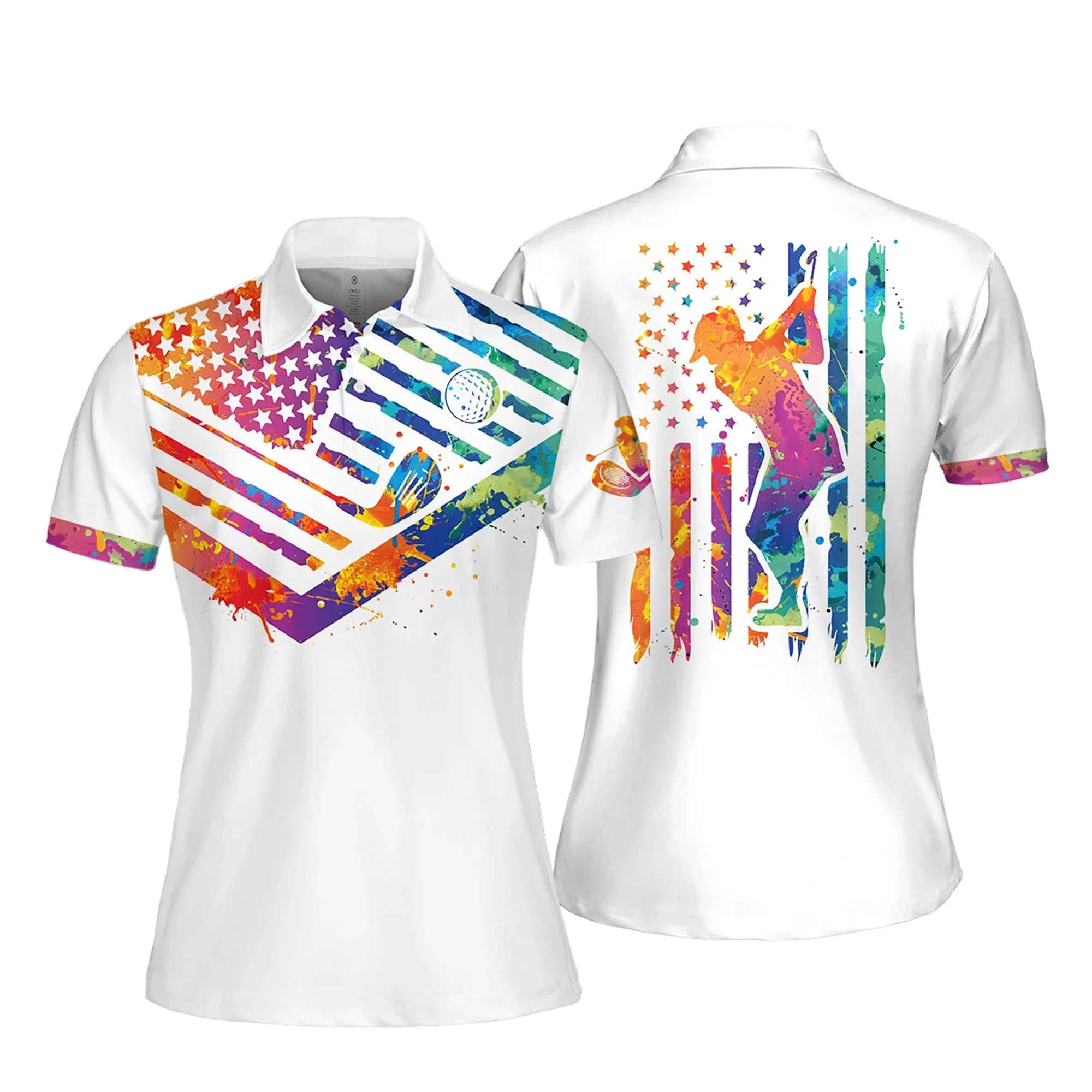 Watercolor America Flag With Silhouette Women Short Sleeve Polo Shirt/ Sleeveless Golf Polo Shirt/ Women’s Jersey Polo Shirt