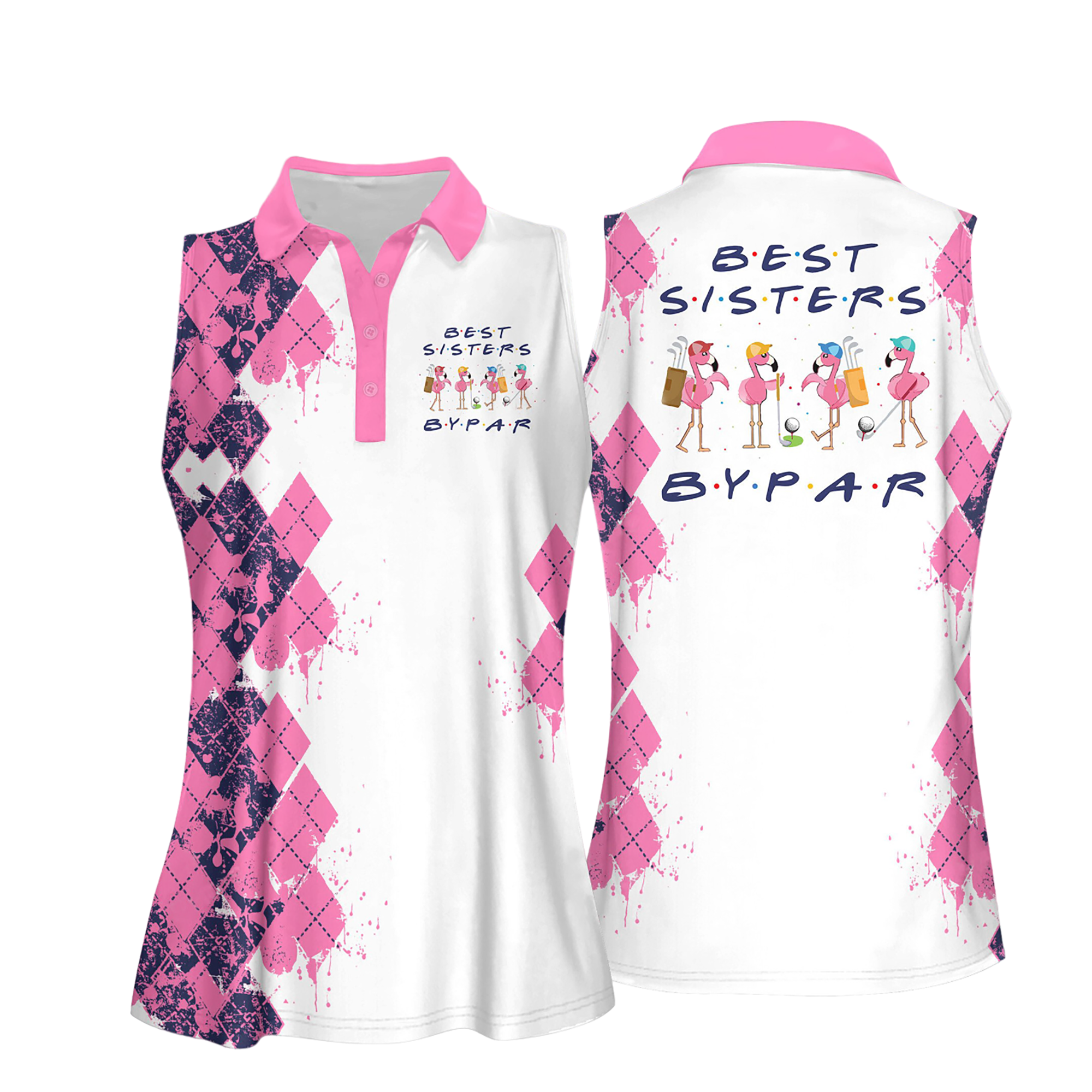 Pink Argyle Best Sisters By Par Version Women Short Sleeve Polo Shirt/ Sleeveless Golf Polo Shirt