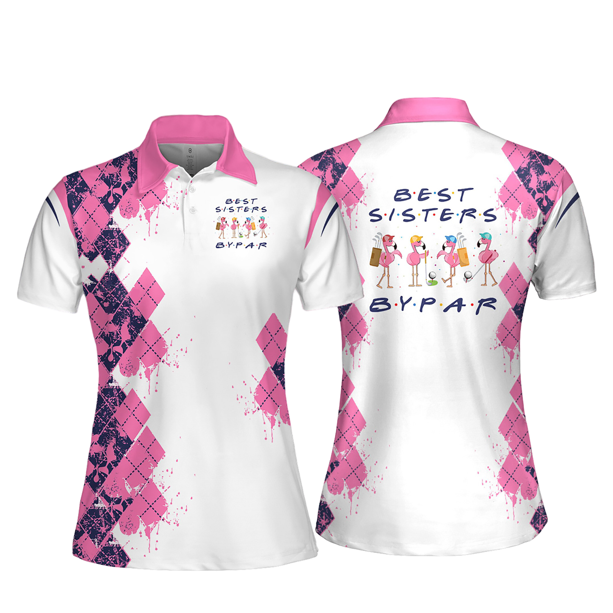 Pink Argyle Best Sisters By Par Version Women Short Sleeve Polo Shirt/ Sleeveless Golf Polo Shirt