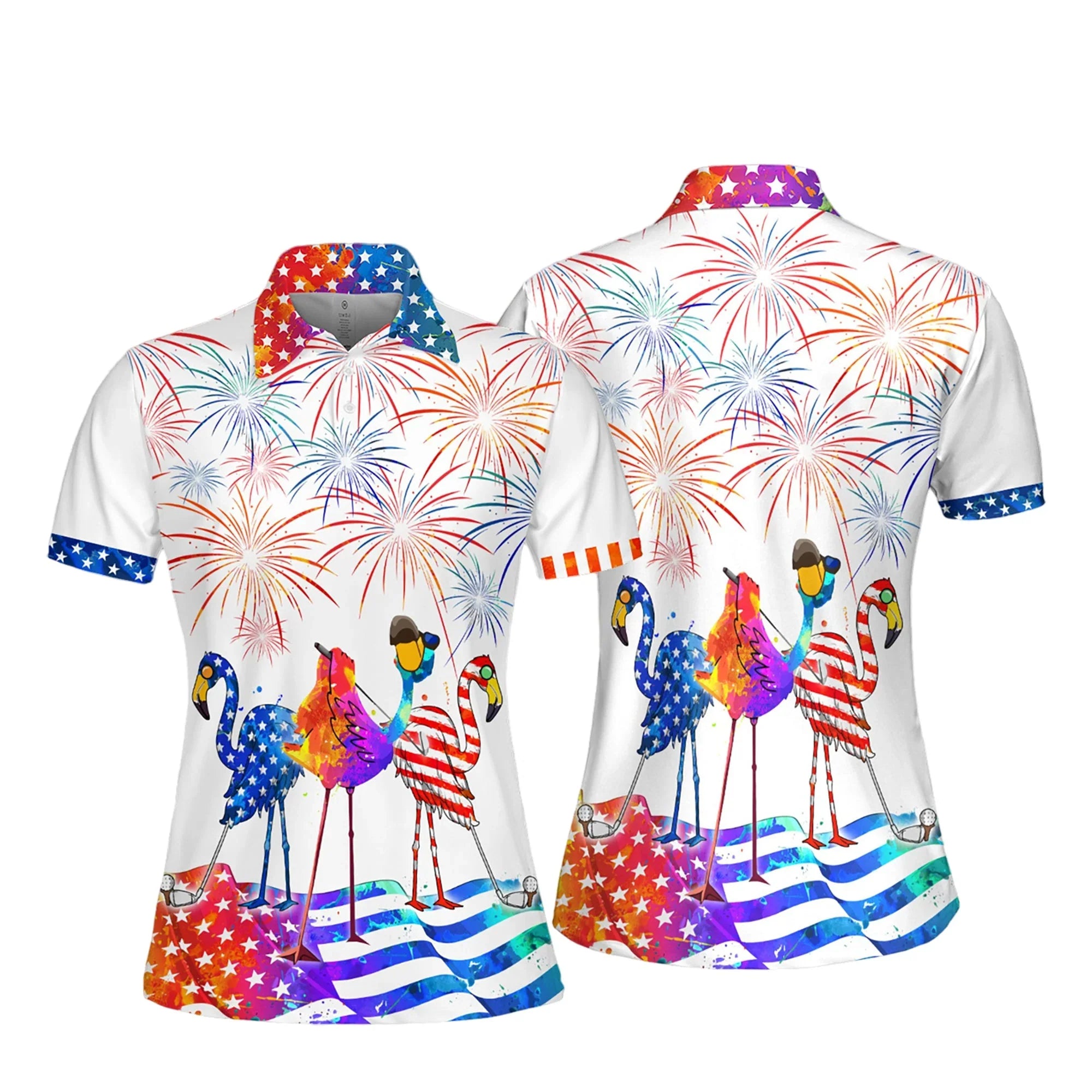 Water Color 4th Of July Patriotic Funny Flamingo Golf Women Short Sleeve Polo Shirt/ Women’s Jersey Polo Shirt