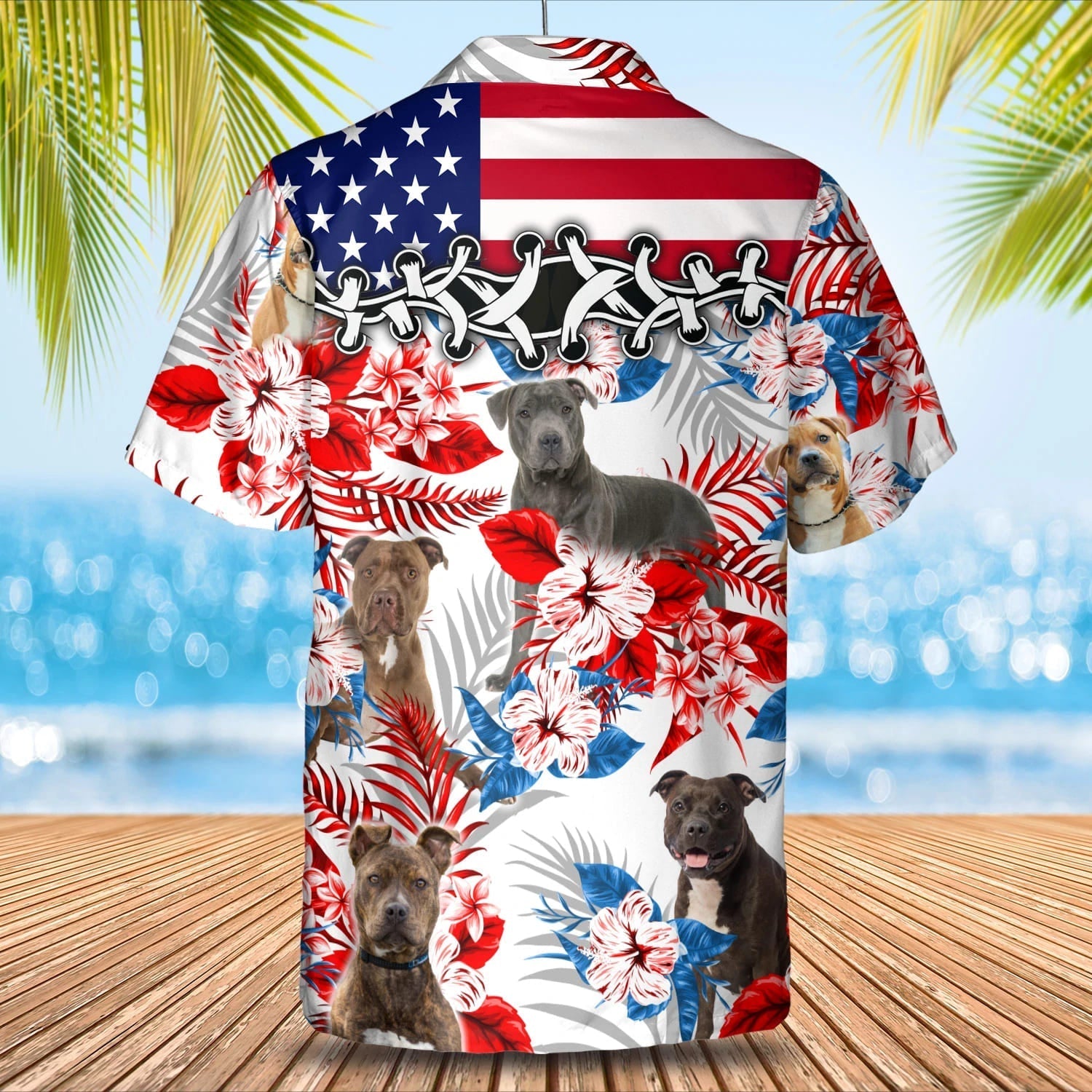 Pitbull flower American flag Hawaiian Shirt/ Summer aloha shirt/ Men Hawaiian shirt/ Gift for summer