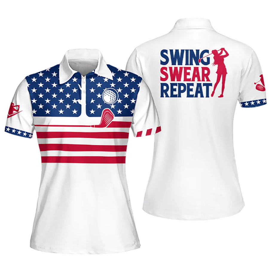 Womens Golf Polo Shirt American Flag Swing Swear Repeat Sleeveless Polo Shirt/ Sleeve Polo Shirt Women Golf