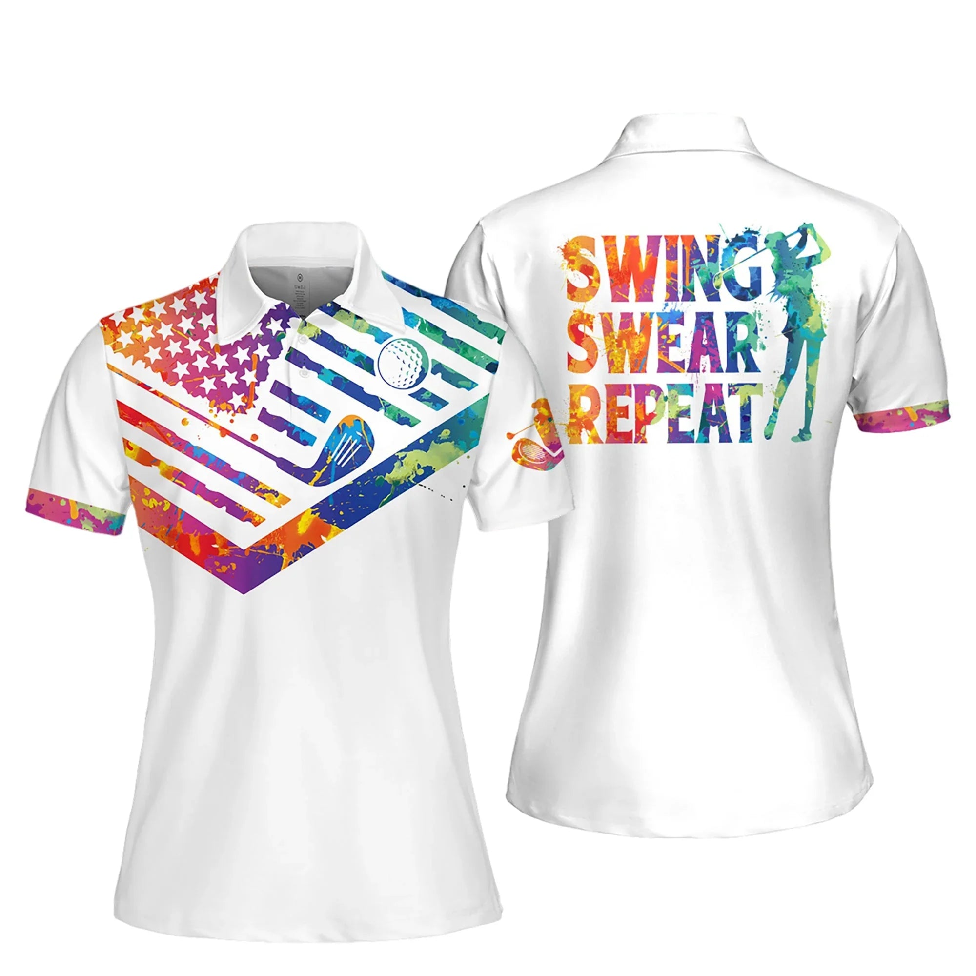 Watercolor America Flag Swing Swear Repeat Women Short Sleeve Polo Shirt/ Women’s Jersey Polo Shirt