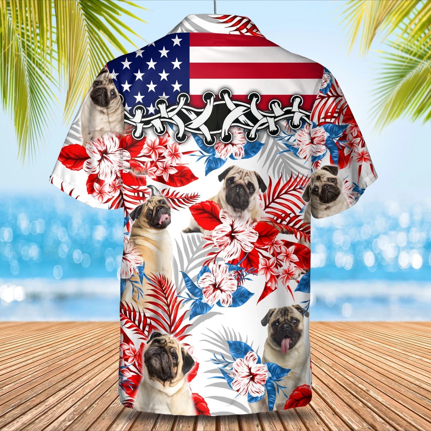 Pug flower American flag Hawaiian Shirt/ Summer aloha shirt/ Men Hawaiian shirt/ Gift for summer