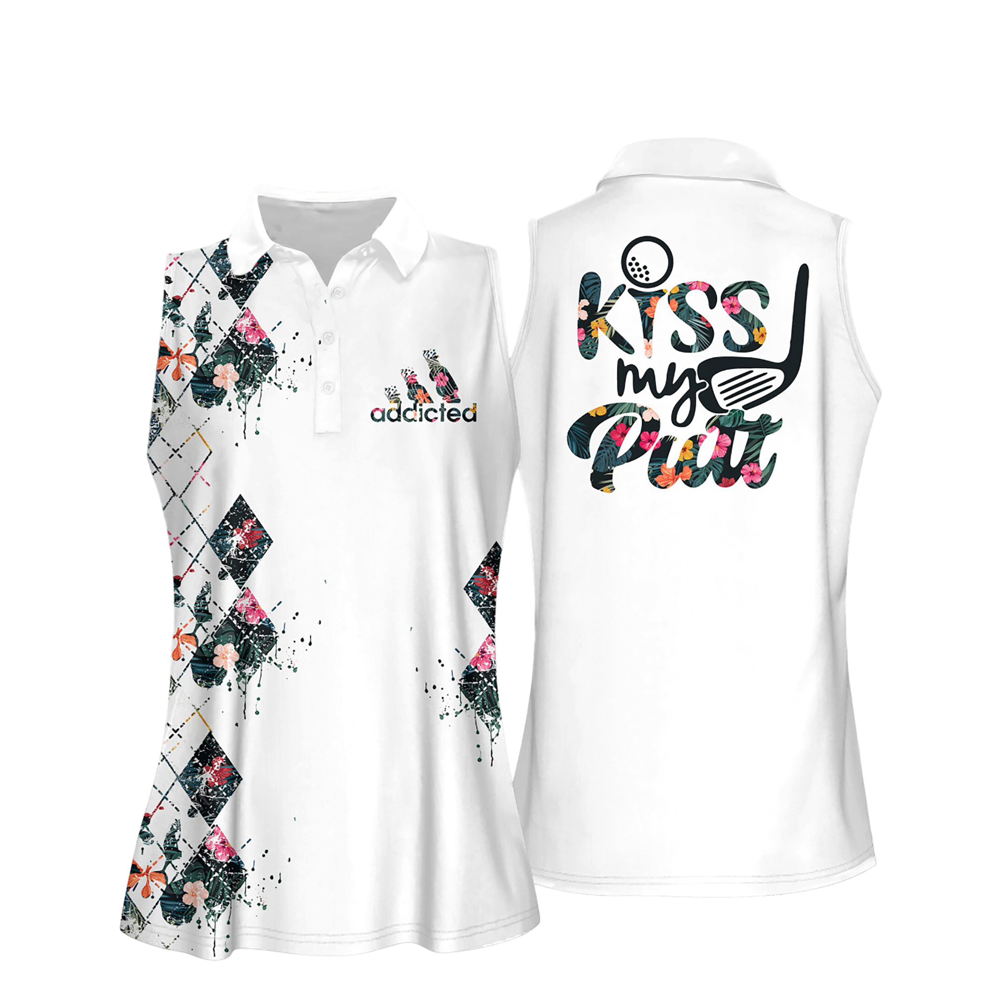 Tropical Flower Argyle Style Kiss My Putt Women Short Sleeve Polo Shirt/ Sleeveless Golf Polo Shirt