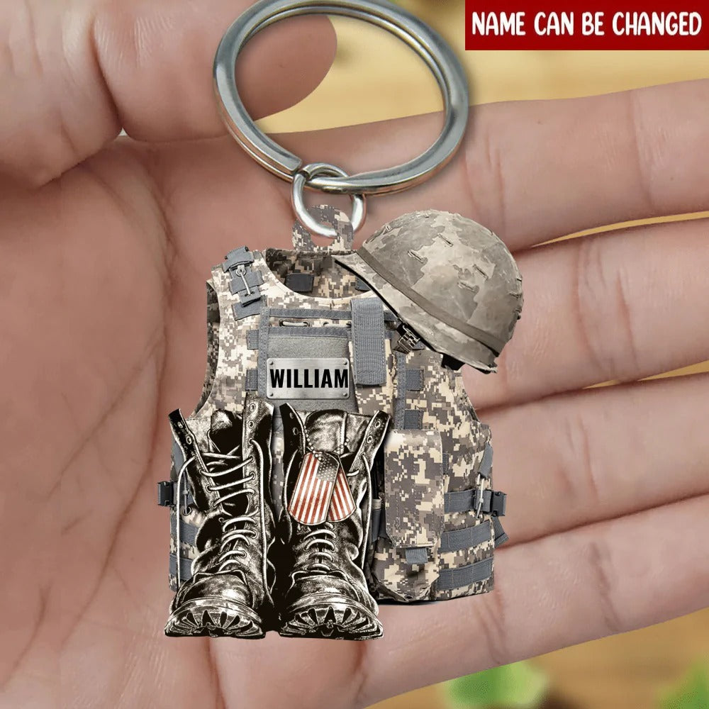 Personalized Flat Acrylic Keychain Military Uniform Keychain Boot And Hat American Veteran Keychain/ Veteran Gifts