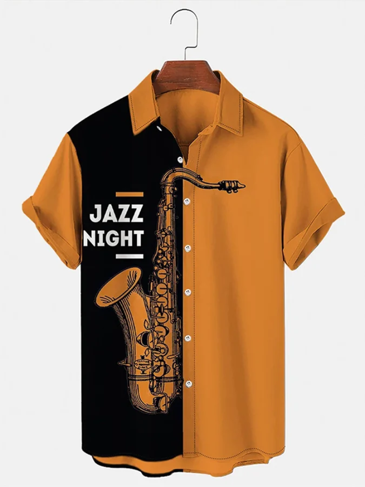 Fashionable Jazz Musical Instrument Print Color Contrast Men''S Shirt/ Summer Gift For Women/ Men